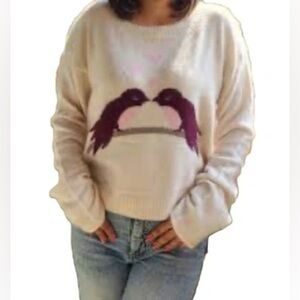 H&M Cream Sweater with Purple Bird Design/ in Angora Blend size 10